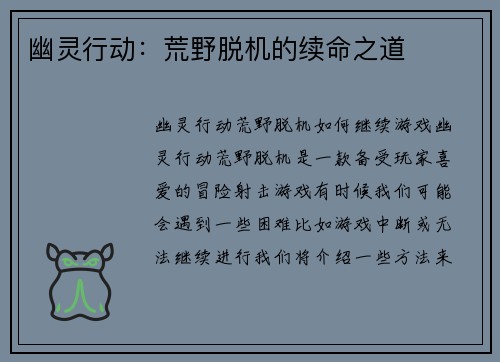 幽灵行动：荒野脱机的续命之道